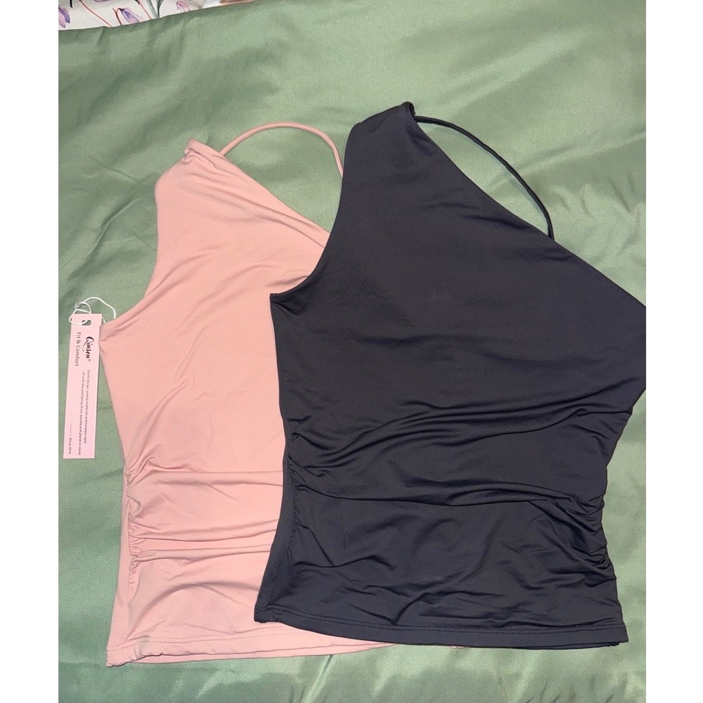 Qinsen 2 Pack One Shoulder Ruched Tank Tops Pink Grey XS NWT